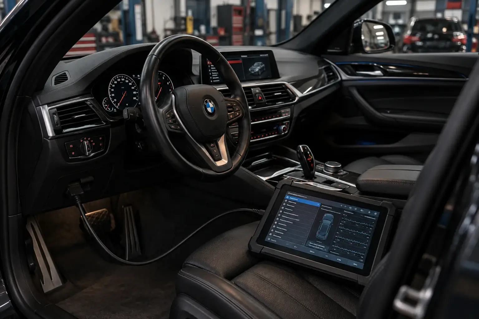 Диагностичен таблет, свързан към OBD буксата в интериора на BMW