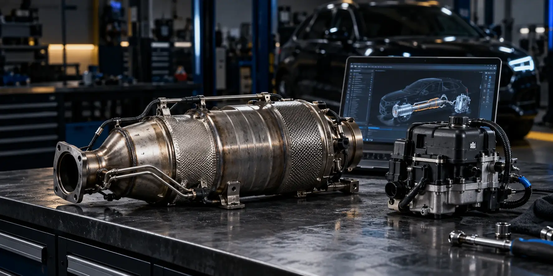 DPF филтър и SCR модул до лаптоп за диагностика