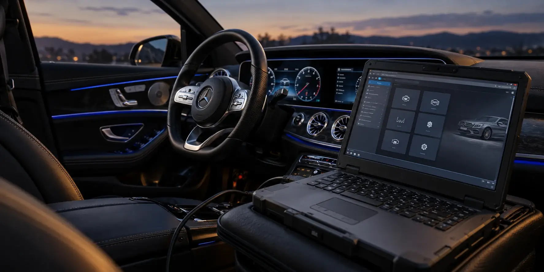 Диагностичен лаптоп в купето на Mercedes-Benz