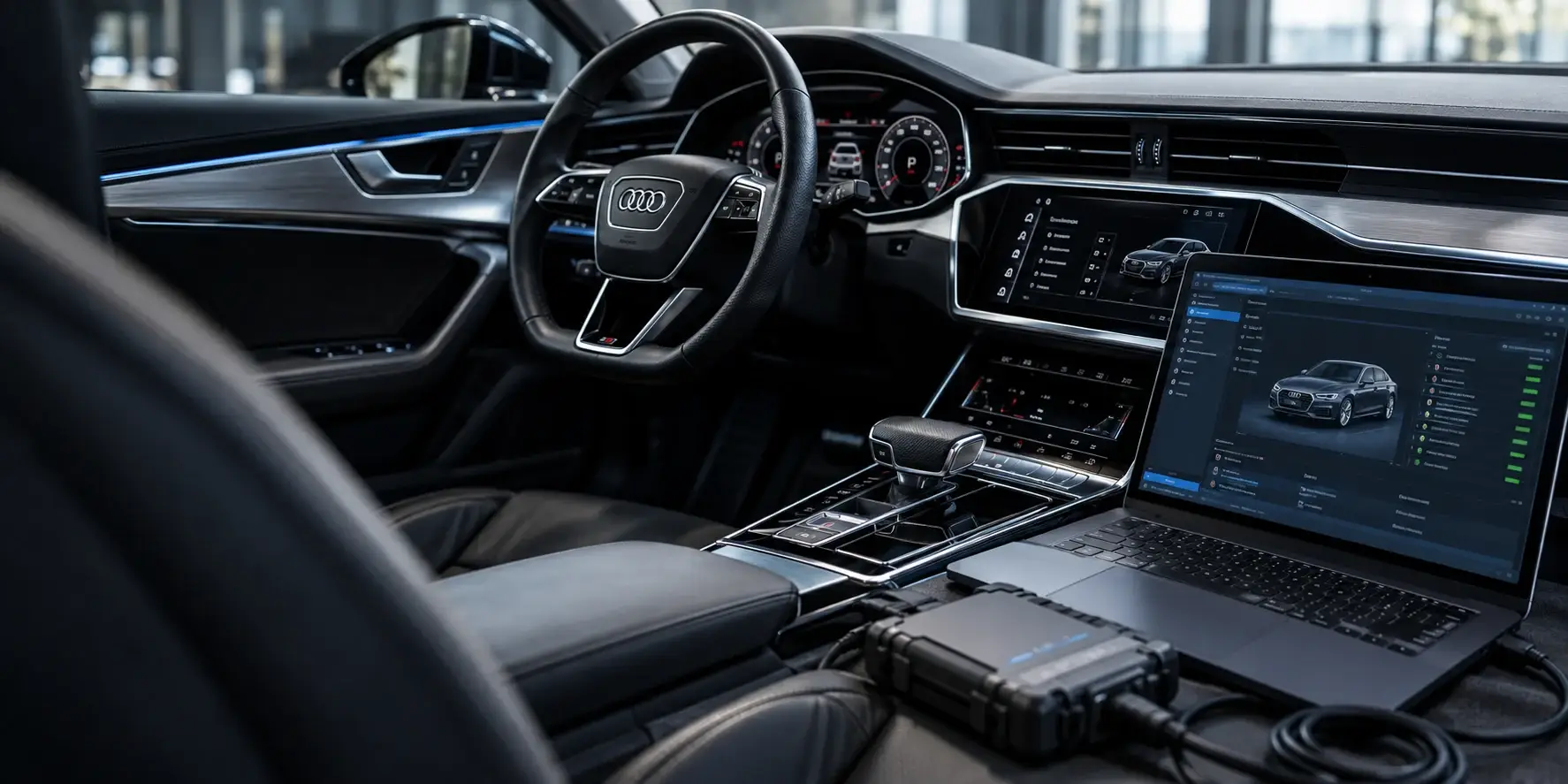 Диагностичен интерфейс и лаптоп при проверка на Audi