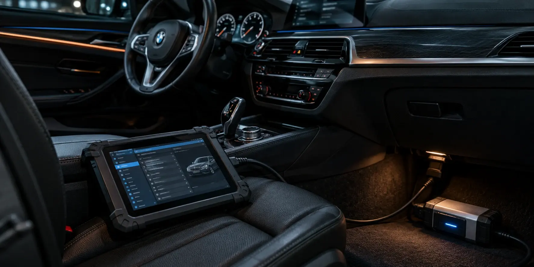 Диагностичен интерфейс и таблет в интериора на BMW