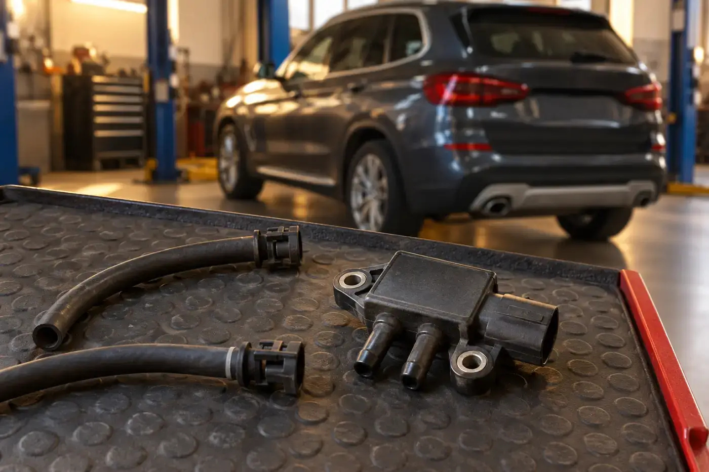 Илюстрация: датчик за DPF налягане с две свързващи тръбички при BMW