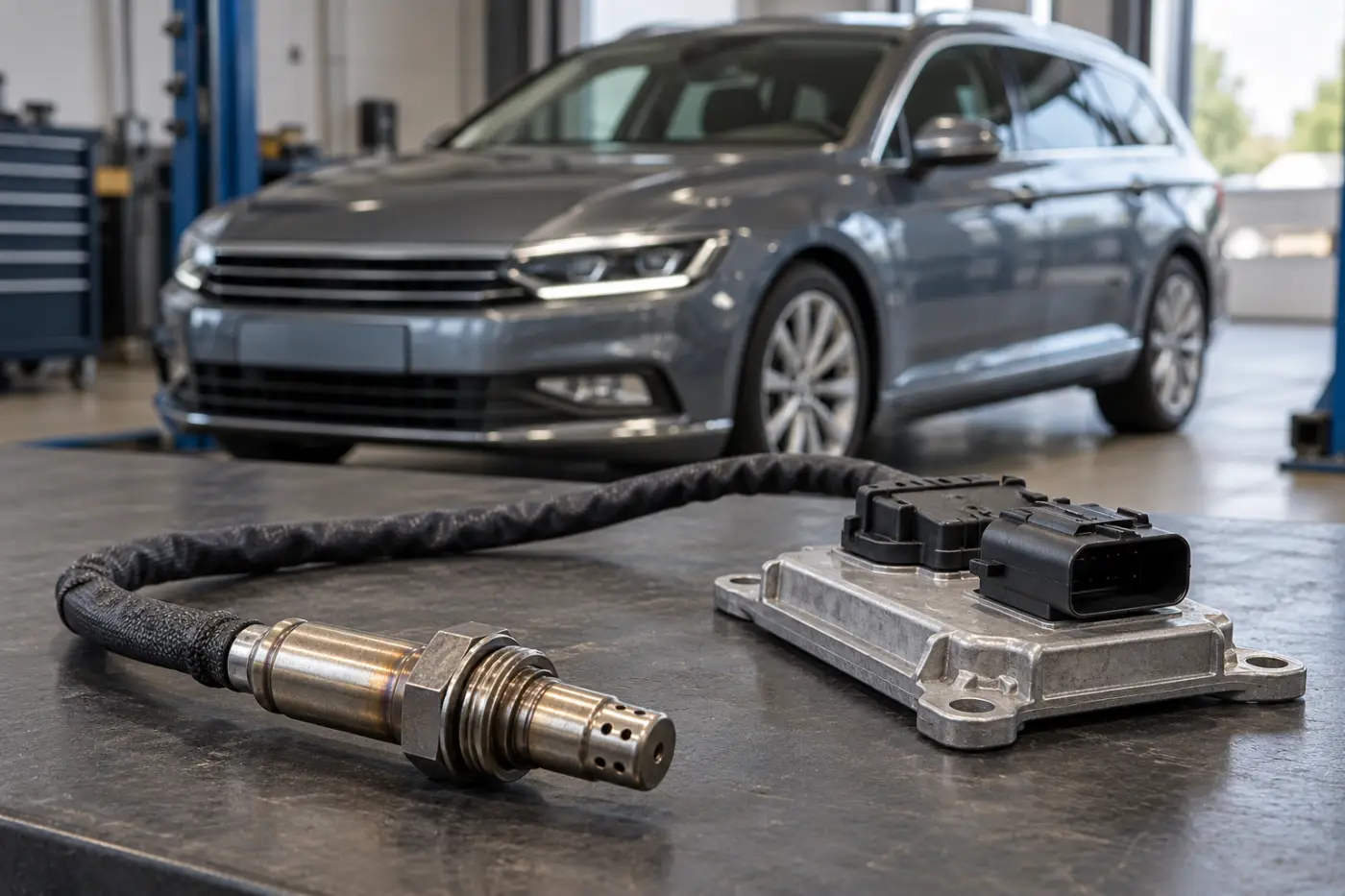 Илюстрация: NOx датчик с кабел и управляващ модул при Volkswagen, Audi, Škoda и SEAT