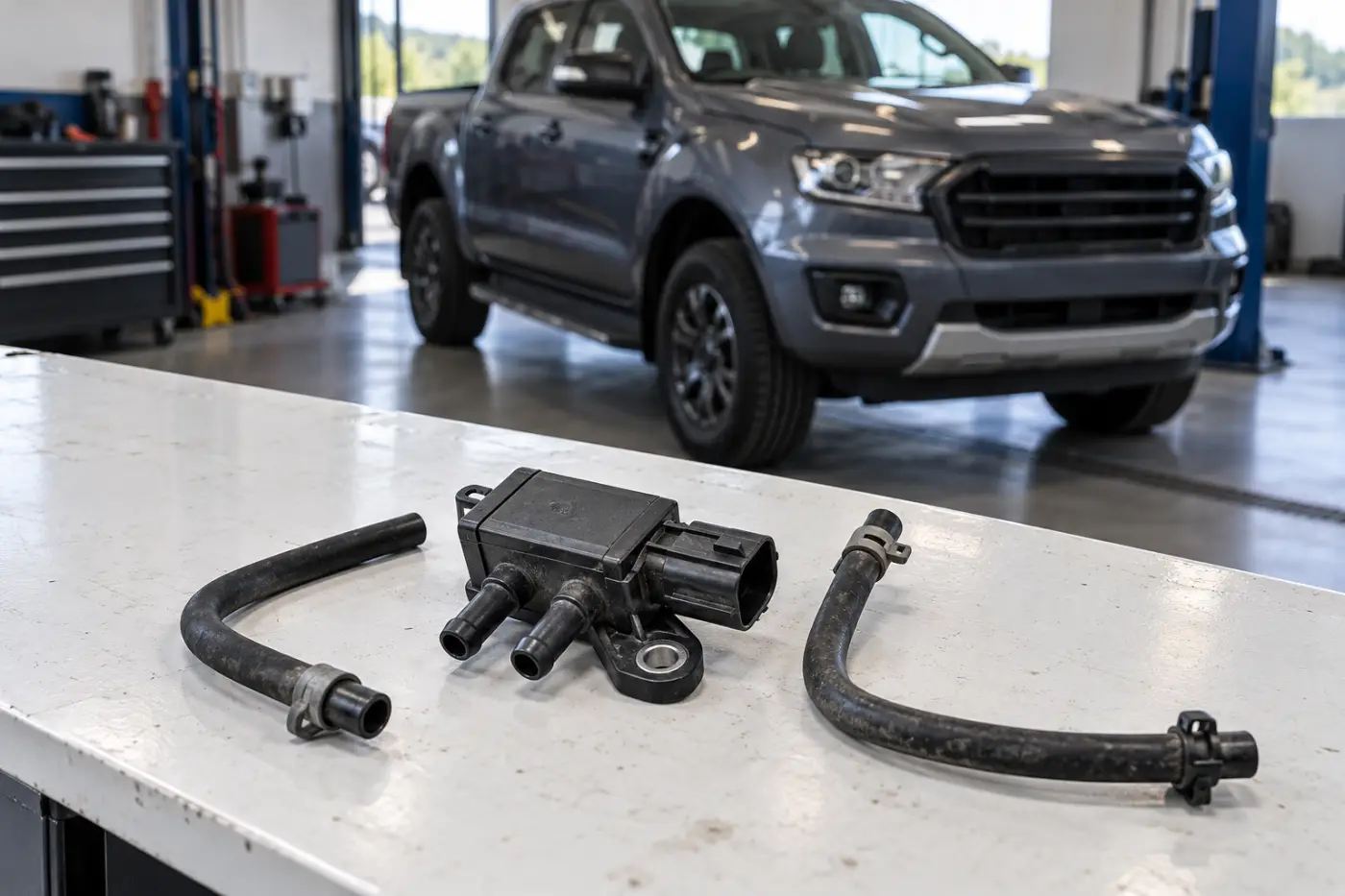 Илюстрация: датчик за DPF налягане с две свързващи тръбички при Ford