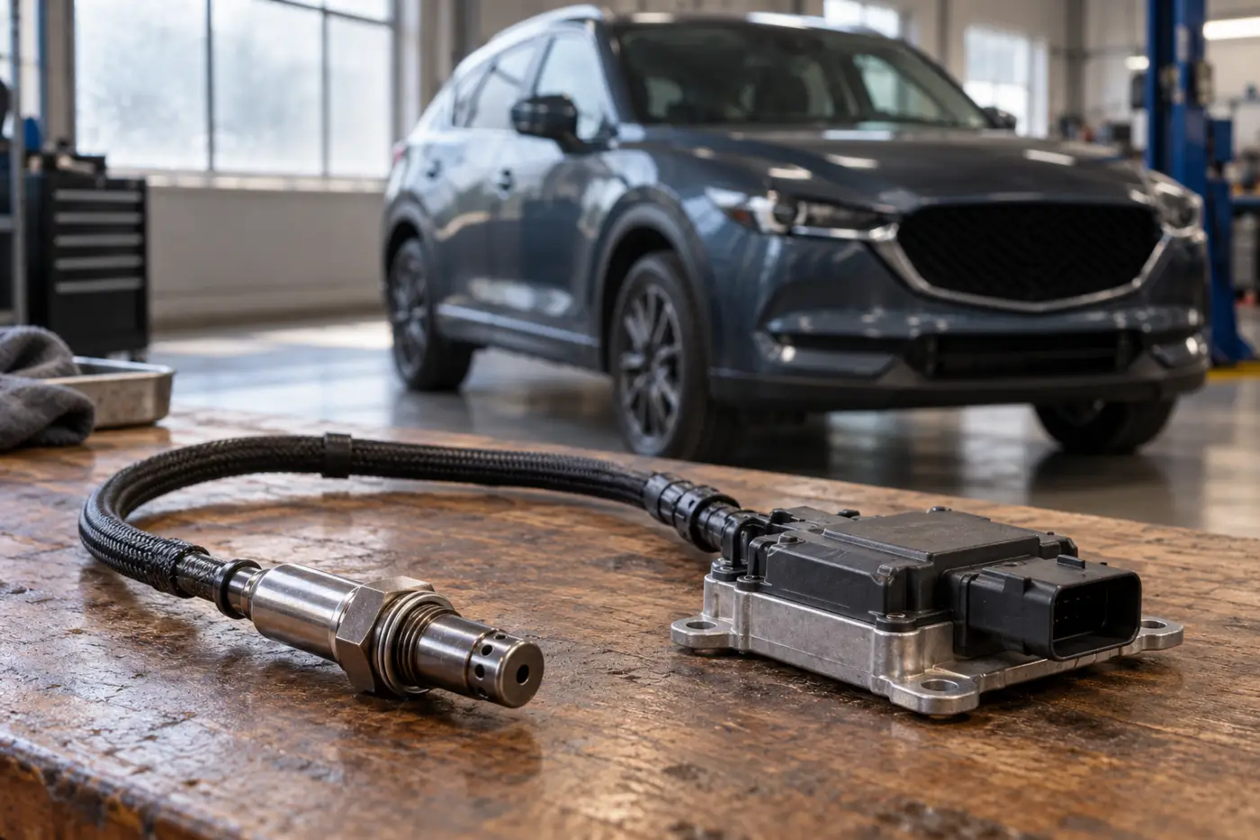 Илюстрация: NOx датчик с кабел и управляващ модул при Mazda