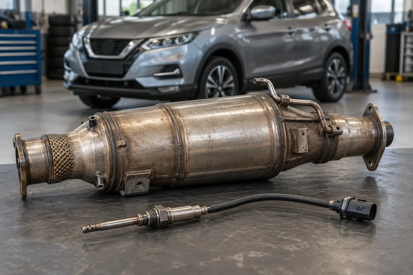 Илюстрация: температурен датчик и DPF корпус при Nissan