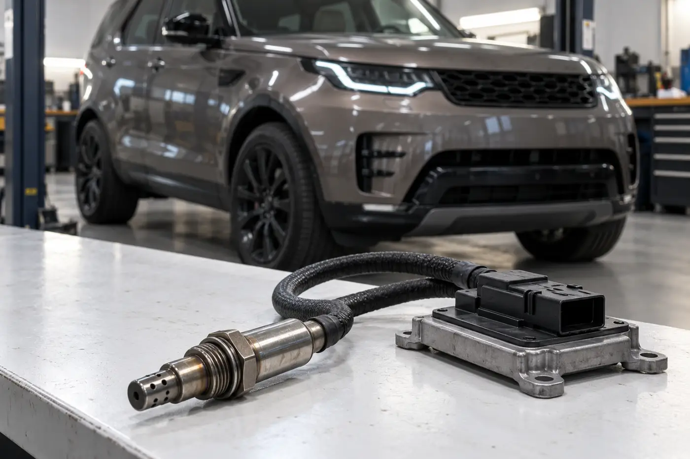 Илюстрация: NOx датчик с кабел и управляващ модул при Land Rover и Jaguar