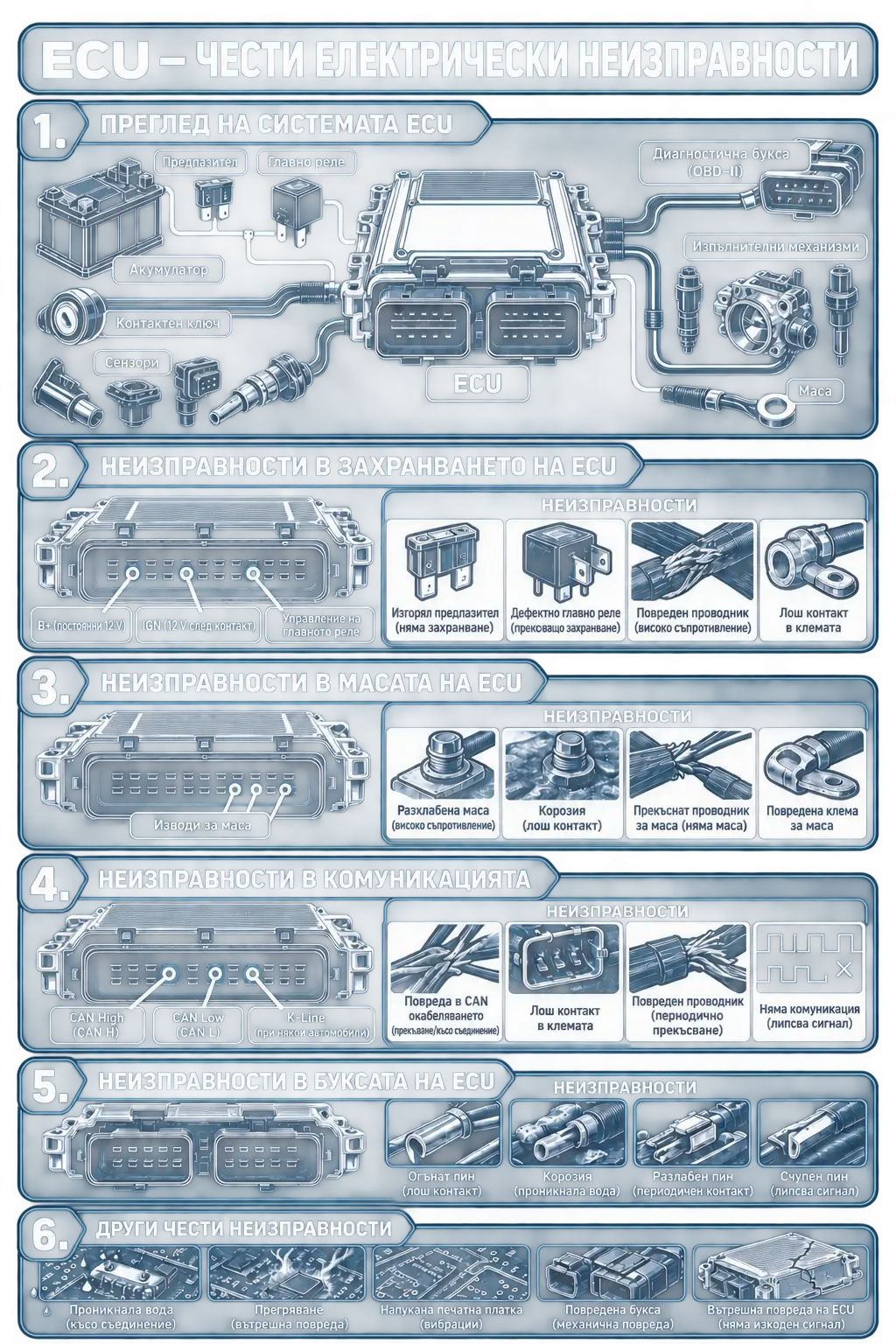 Българска инфографика за захранване, маса, букси и комуникация с ECU при диагностика на Honda