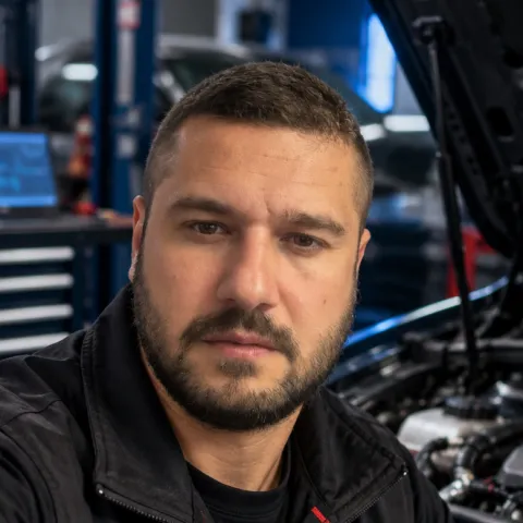 Инж. Теодор Иванов в сервиза до автомобил с отворен капак